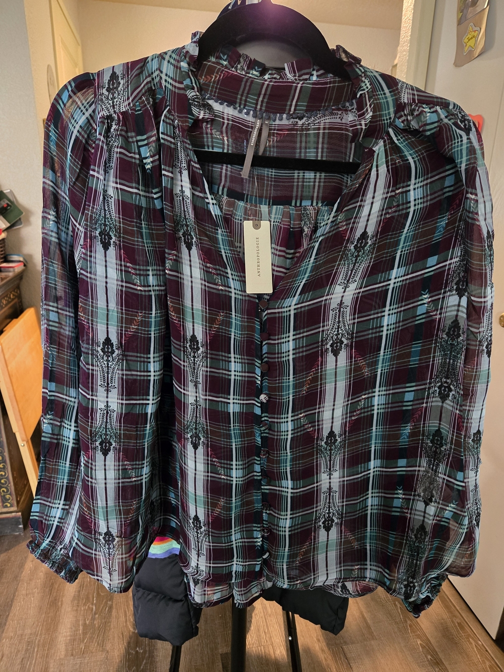 Anthropologie Burgundy and Teal Plaid Button-Front Blouse